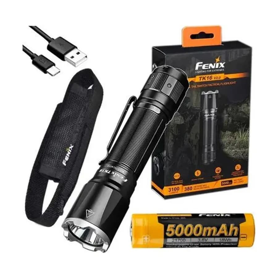 Linterna Tactica Fenix Tk16 V2.0 3100 Lumens + Bateria 5000. Color De La Linterna Negro Color De La Luz Blanco